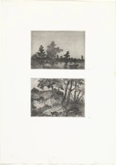 Waterlandschap met roeiboot / Boslandschap met een vos