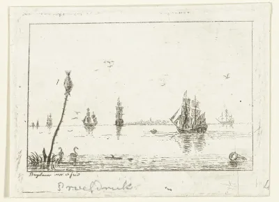 Waterlandschap met zeilschepen