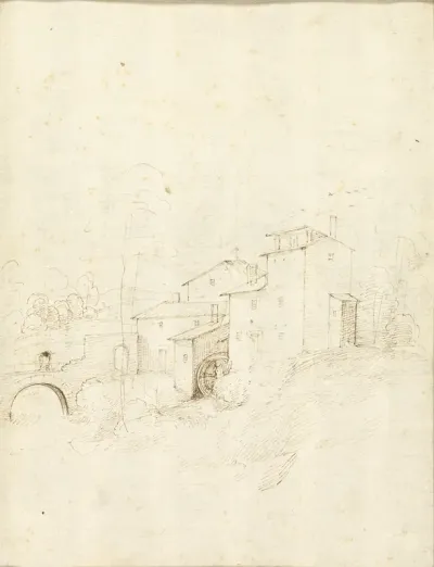 Watermill with Figures on an Arched Bridge