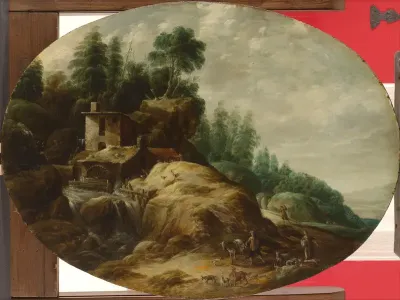 Watermolen bij een beboste heuvel