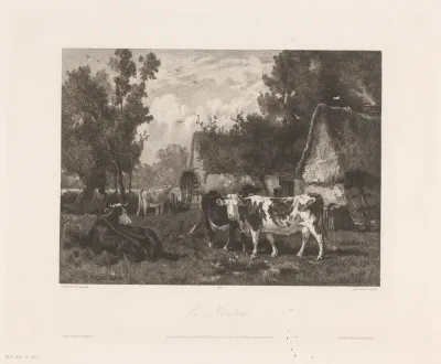 Watermolen bij een boerderij met koeien in een landschap