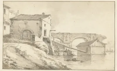 Watermolen bij een ingestorte brug