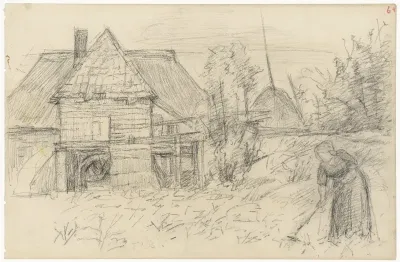 Watermolen met harkende vrouw