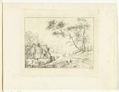 Watermolen, rechts twee berken
