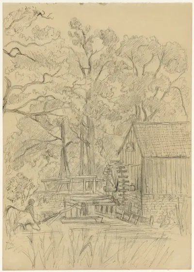 Watermolen tussen bomen