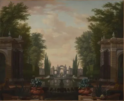 Waterpartij met beelden en gebouwen in een park