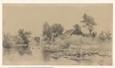 Waterplas met riet, met op de achtergrond een boerderij