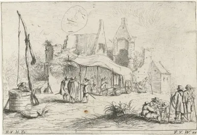 Waterput en een tent bij een ruïne