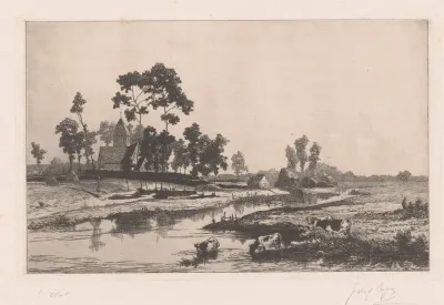 Waterrijk landschap met een kerk en koeien langs de oever