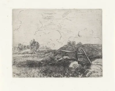 Waterrijk landschap met figuur op een houten bruggetje