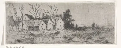 Waterrijk landschap met huizen en kale bomen aan de oever