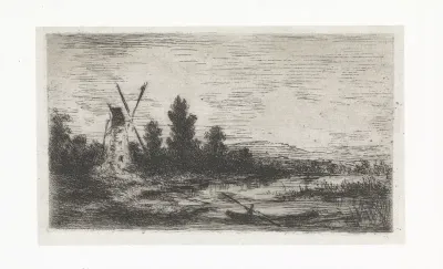 Waterrijk landschap met molen en roeiboot