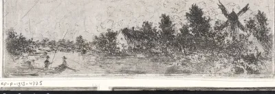 Waterrijk landschap met molen, huis en roeiboot