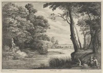 Waterrijk landschap met reiger en jagers