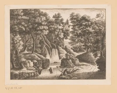 Waterval in bos met twee vissers op voorgrond