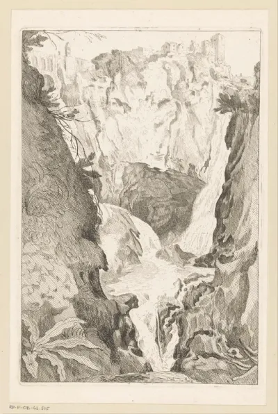 Waterval met bovenaan een stad