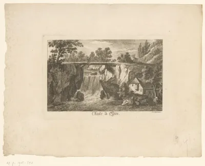 Waterval met een brug en een huis