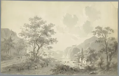 Watervalletje bij een meer in een berglandschap