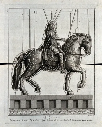 Wax model of an equestrian statue of Louis XIV fixed with its runners and risers in preparation for its casting in bronze