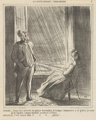 We are approaching mid-November when the weather starts getting nasty, from 'The countryside gentlemen,' published in Le Charivari, November 28, 1864