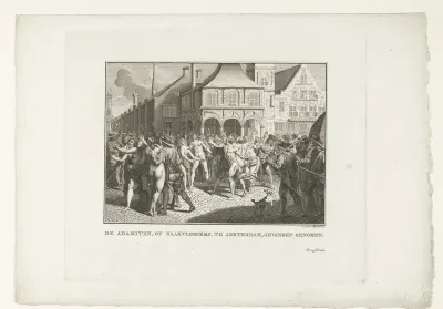 Wederdopers lopen naakt over de Dam te Amsterdam, 1535