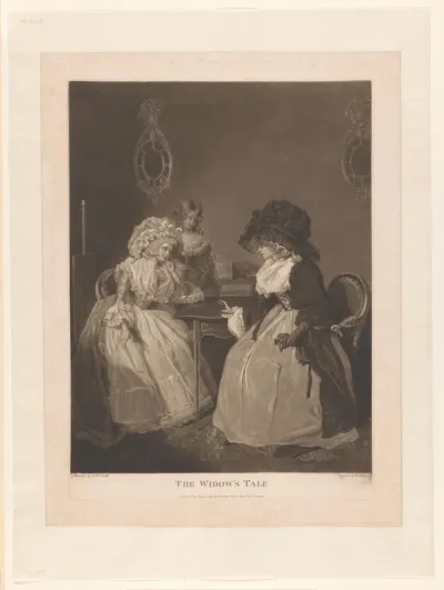 Weduwe aan tafel met twee andere jonge vrouwen