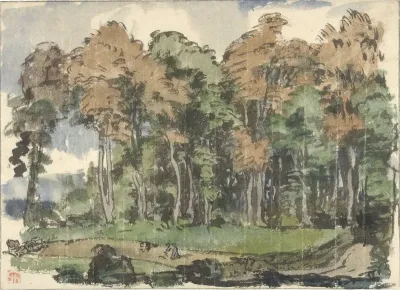 Weg aan een bosrand, met landlieden aan het werk