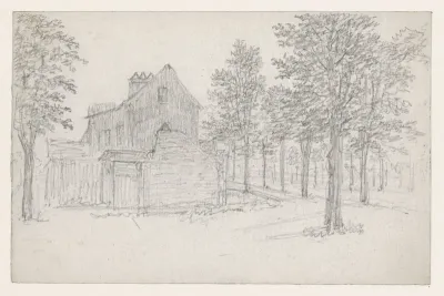 Weg met bomen, waaraan links huizen