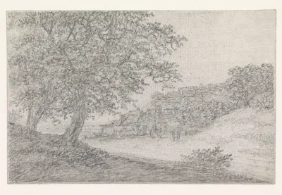 Weg tussen heuvels, rechts een dorp