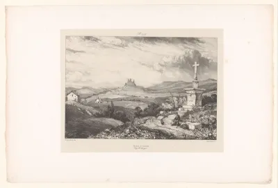 Wegkruis met wandelaar en zicht op het kasteel van Lardeyrol