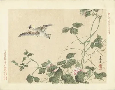Wegvliegende vogel bij klimplant met roze bloemen