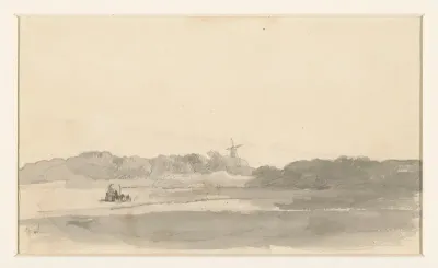 Weidelandschap met hooiwagen en windmolen