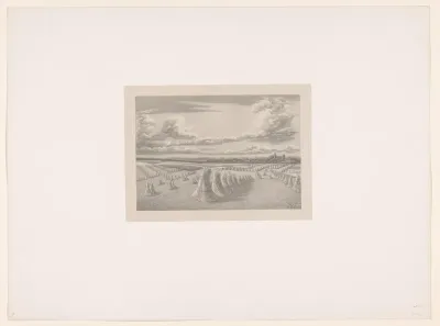 Weidelandschap met korenschoven