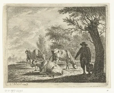 Weidelandschap met man met emmer bij drie koeien