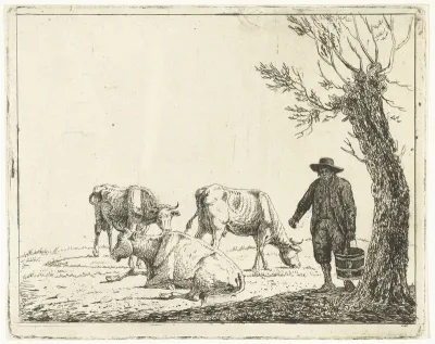 Weidelandschap met man met emmer bij drie koeien