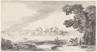 Weidelandschap met plassende man