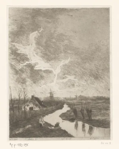 Weidelandschap met sloot, boerderij en molens