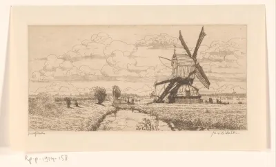 Weidelandschap met sloot en molen