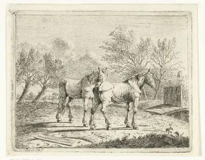 Weidelandschap met twee paarden bij bruggetje en boerderij