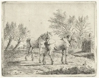 Weidelandschap met twee paarden bij bruggetje en boerderij