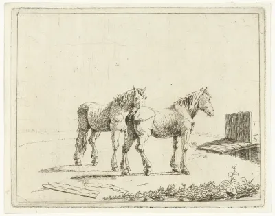 Weidelandschap met twee paarden bij bruggetje