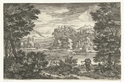 Weids landschap met rivier, bergen en dorp