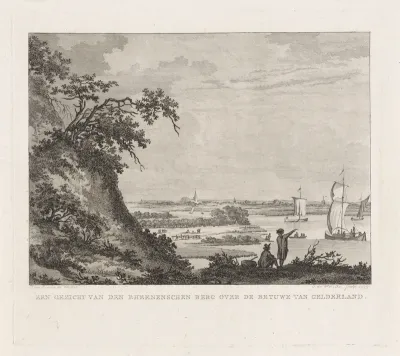 Weids landschap met twee figuren en zeilschepen