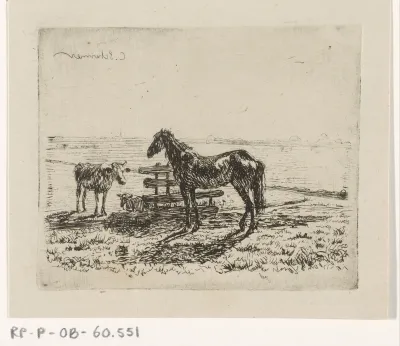 Weiland met een paard en twee koeien