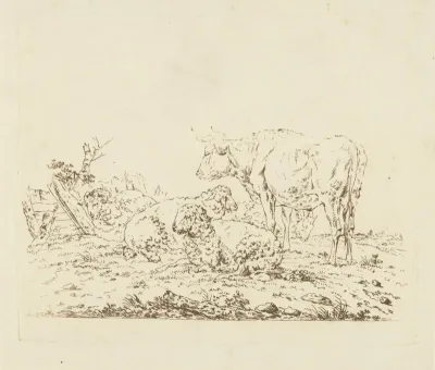 Weiland met koe en schapen