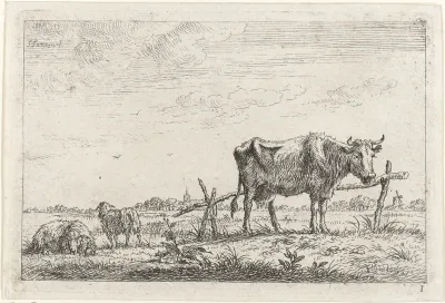 Weiland met koe en schapen