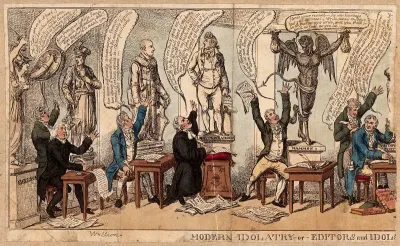 Well-known journalists sitting at desks in a temple containing statues of public figures; representing the sycophancy of the press