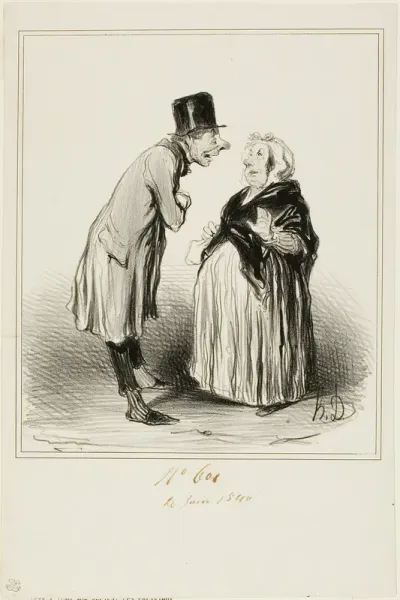 “- Well yes, it's true, the daughter of Mame Chopin got married yesterday with the son of Durand. I just talked to the young man and from what he told me (in full confidence), she must have had some strange ones before him…,” plate 6 from Les Parisie