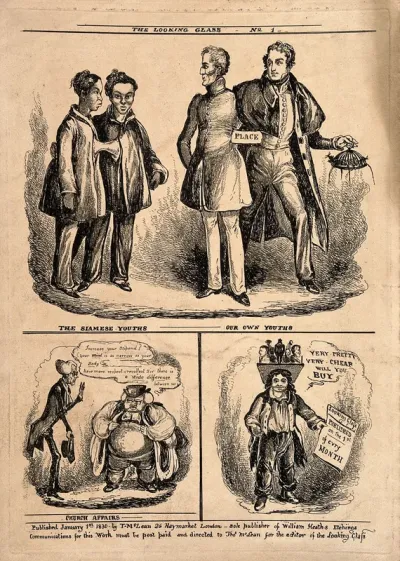 Wellington and Peel compared with the Siamese twins (above); a rich bishop and a poor parson; and a street vendor of figurines