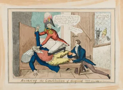 Wellington and Peel, in the roles of the body-snatchers Burke and Hare, suffocating John Bull; representing the extinguishing by Wellington and Peel of the constitution of 1688 by Catholic Emancipation
